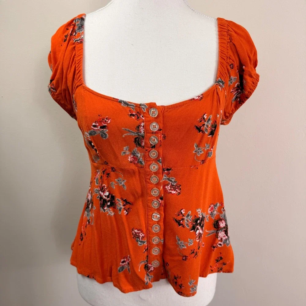 Free People Close To You Orange Floral Puff Sleeve Smocked Peplum Top Small